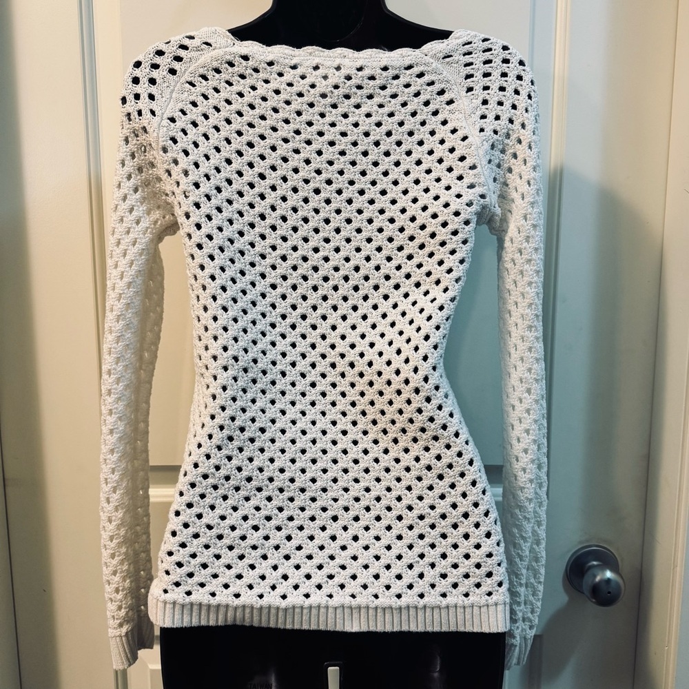LOFT Petites XXSP White Open Knit Crochet Sweater Long Sleeve Boho - Picture 3 of 5